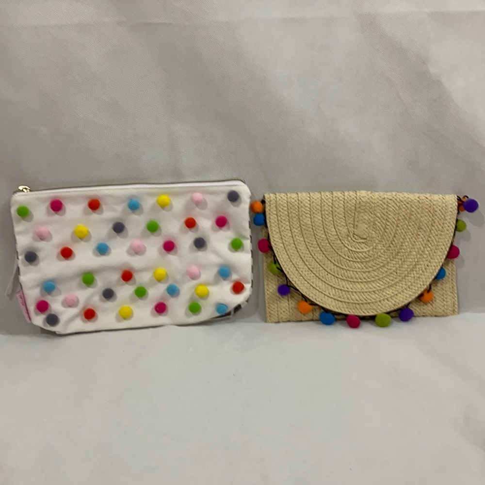 Two NWOT Pom Pom Straw Clutch & Pouch